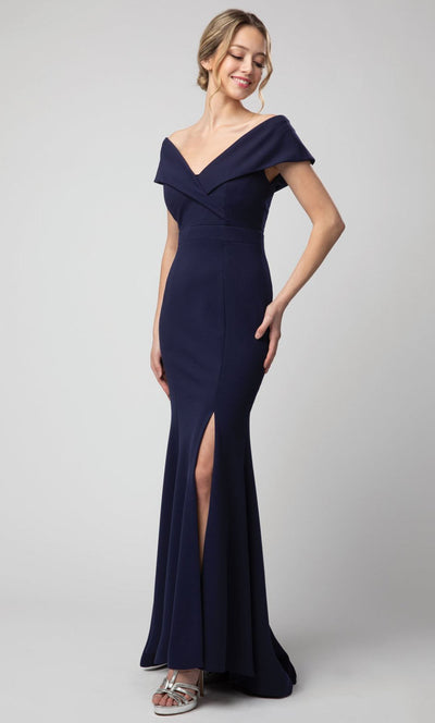 Juno - 1049 Off Shoulder Mermaid Gown With High Slit In Blue