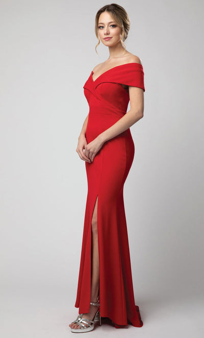 Juno - 1049 Off Shoulder Mermaid Gown With High Slit In Red