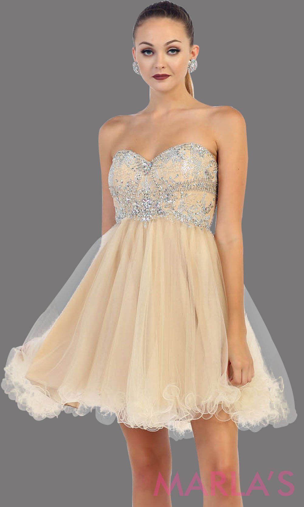 Short strapless puffy champagne dress. This short light gold grade 8 graduation dress has sequin bodice and corset back. This is perfect for homecoming, semi formal, bridal shower. Available in plus sizes.