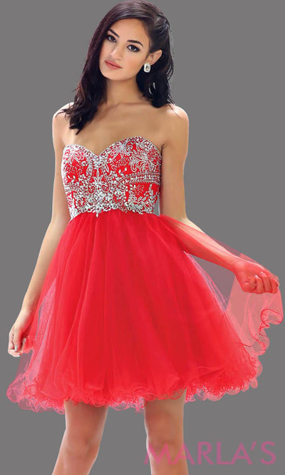 Short strapless puffy red dress. This short red grade 8 graduation dress has sequin bodice and corset back. This is perfect for homecoming, semi formal, bridal shower. Available in plus sizes