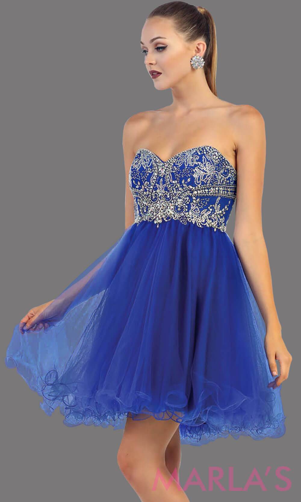 Short strapless puffy royal blue dress. This short blue grade 8 graduation dress has sequin bodice and corset back. This is perfect for homecoming, semi formal, bridal shower. Available in plus sizes