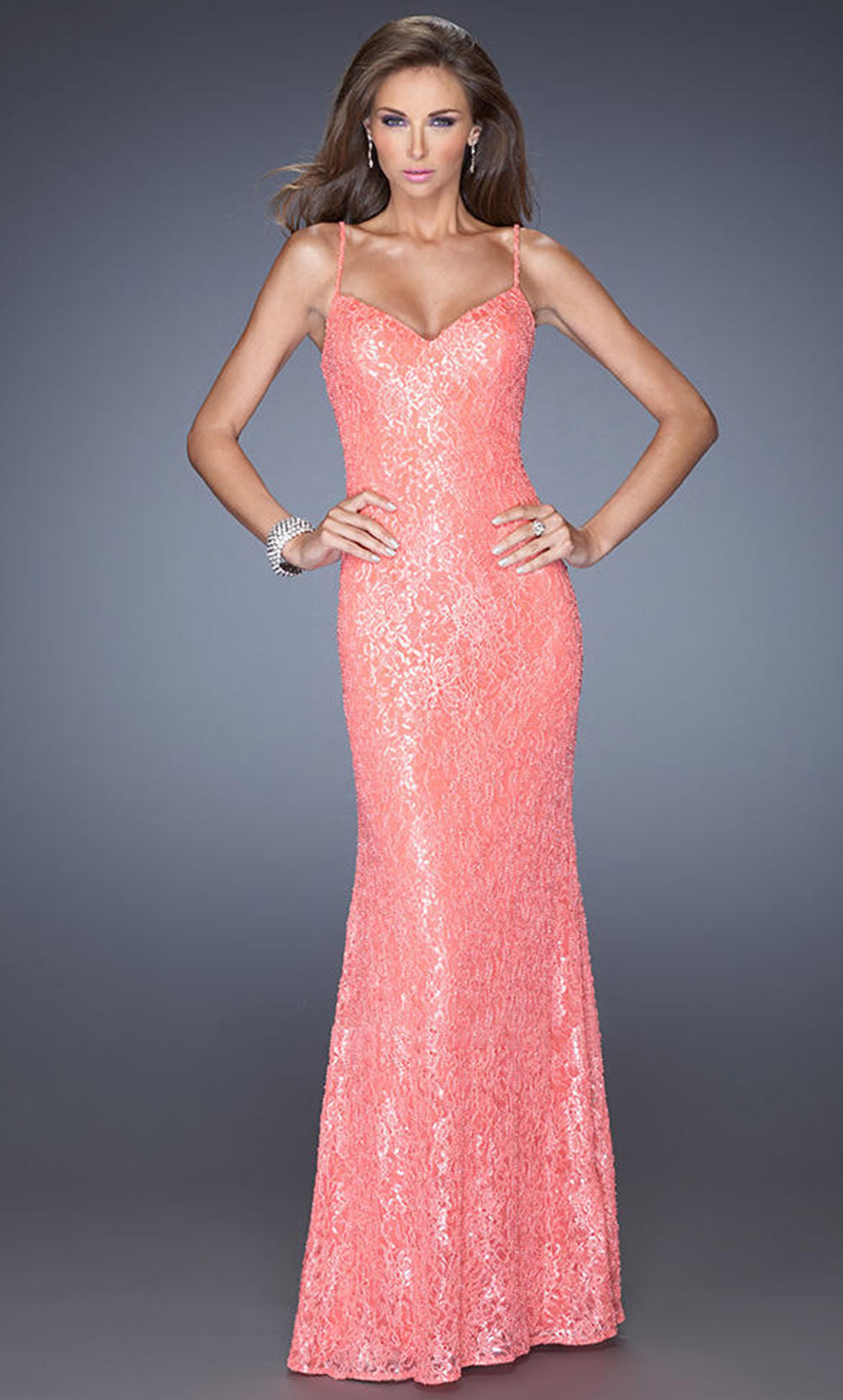 La Femme - 20431 Spaghetti Strap Sequin Lace Long Dress In Pink