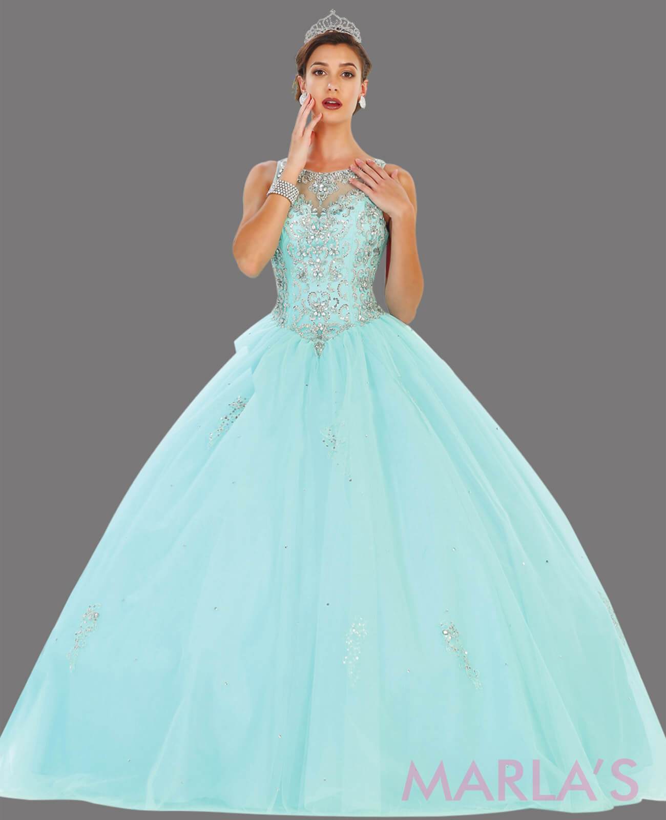 76.13L-Long aqua princess ball gown with gold lace trim and shrug Perfect for Engagement dress, Quinceanera, Sweet 16, Swet 15 and light blue Wedding Reception Dress. Available in plus sizes