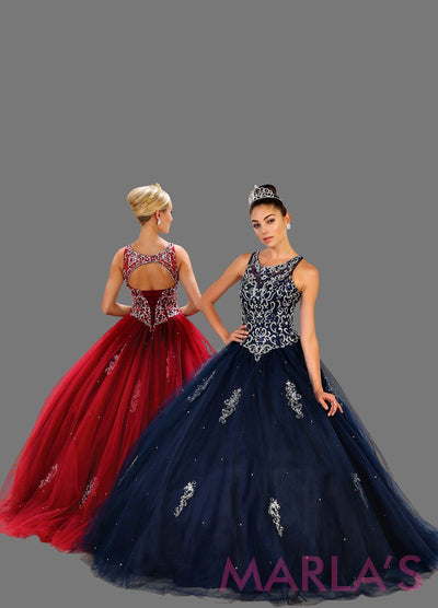 Long navy princess ball gown with gold lace trim and shrug Perfect for Engagement dress, Quinceanera, Sweet 16, Sweet 15 and dark blue Wedding Reception Dress. Available in plus sizes