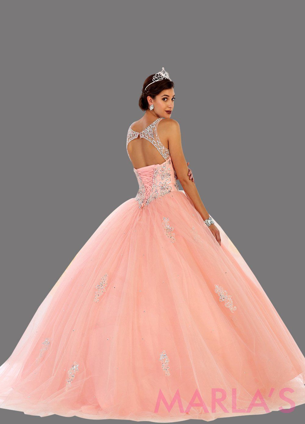 Back of Long blush pink strapless princess quinceanera ball gown with rhinestone beading. Perfect light pink dress for Engagement dress, Quinceanera, Sweet 16, Sweet 15 and pink Wedding Reception Dress. Available in plus