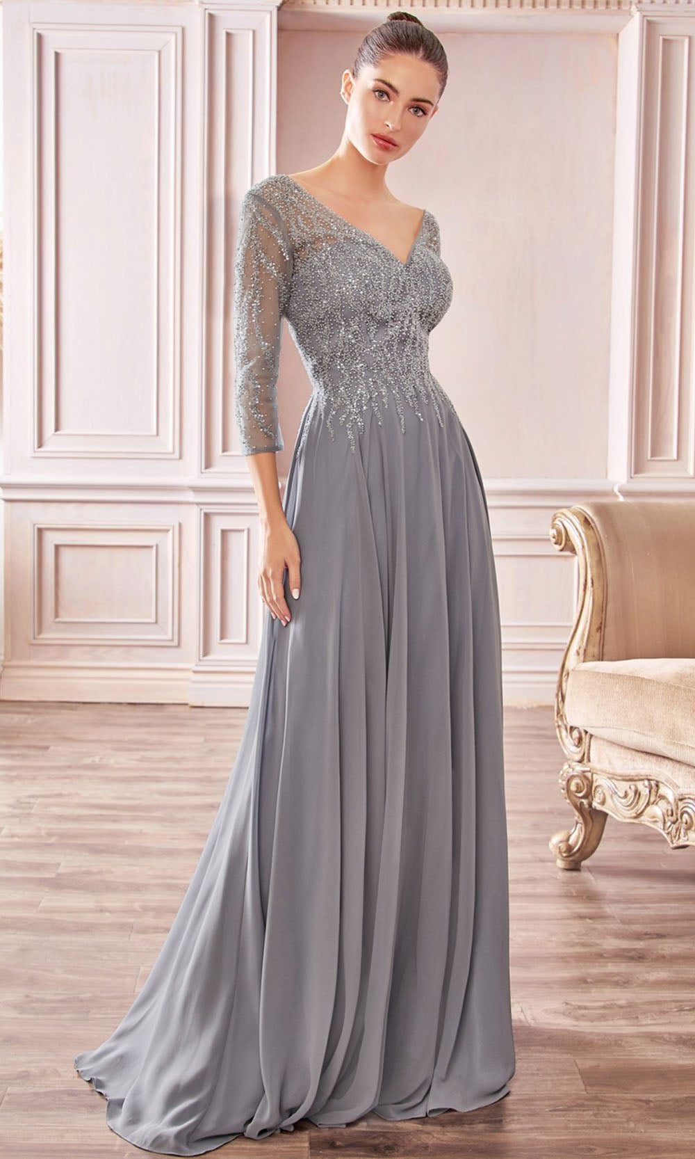 Dusty Rose Cinderella Divine - CD0171 Sheer Jeweled Chiffon Gown | Long ...
