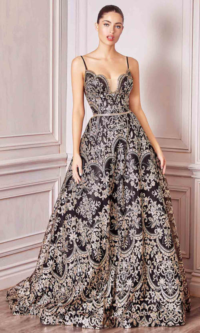 Cinderella Divine - CM8075 Embellished Scallop V Neck Ballgown In Black and Gold