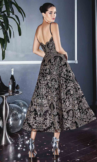 Cinderella Divine - CM8076 Modified Neckline Tea Length In Black and Gold