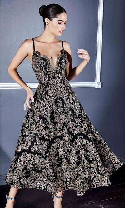 Cinderella Divine - CM8076 Modified Neckline Tea Length In Black and Gold