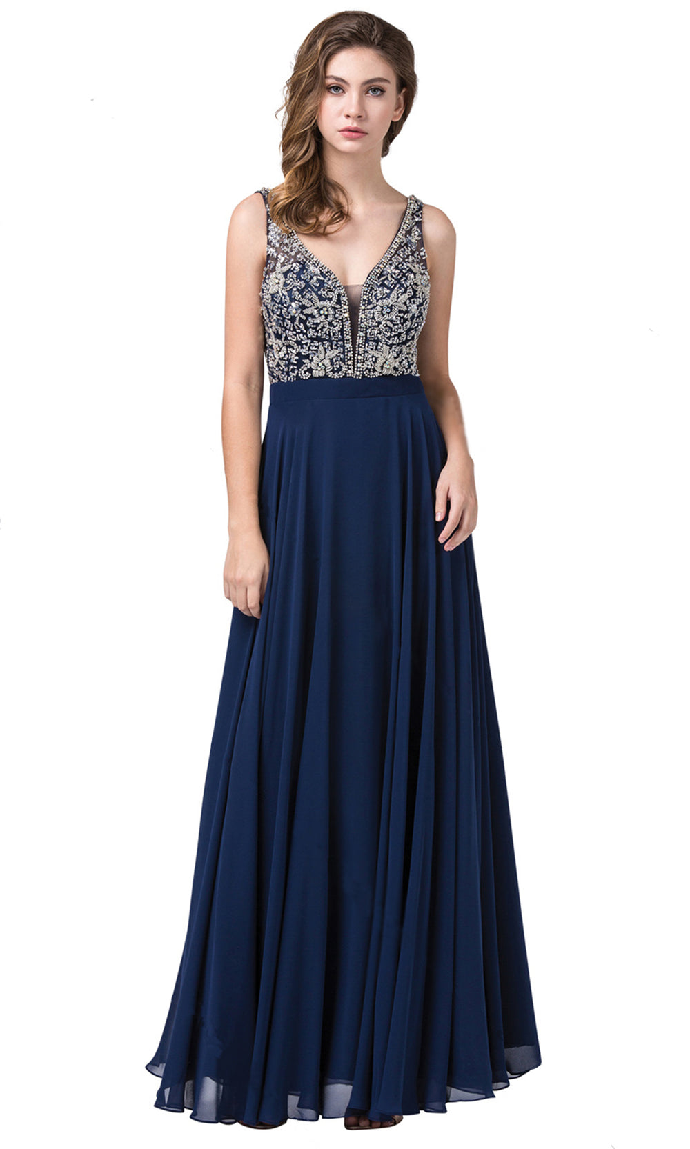 Dancing Queen - 2669 Sleeveless Sheer Deep V-Neck A-Line Chiffon Gown In Blue