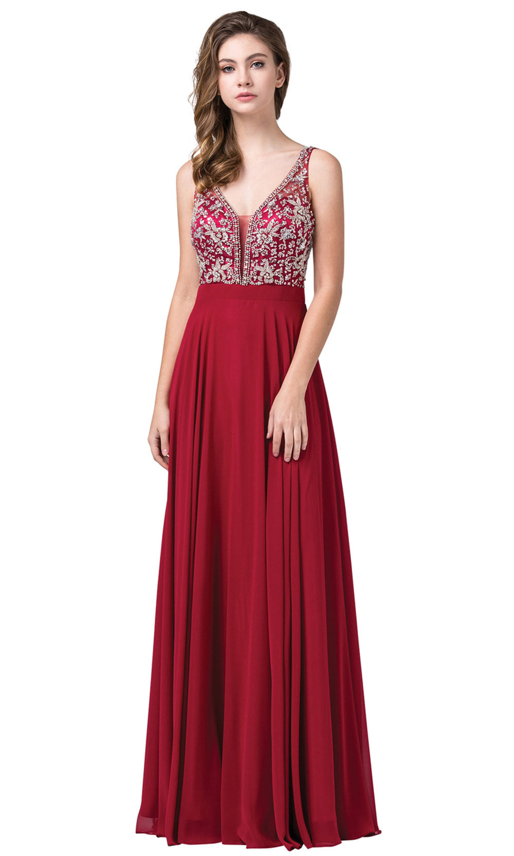 Dancing Queen - 2669 Sleeveless Sheer Deep V-Neck A-Line Chiffon Gown In Burgundy