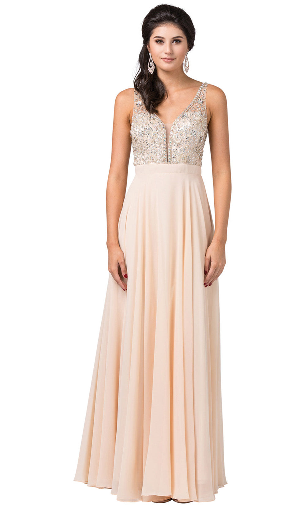 Dancing Queen - 2669 Sleeveless Sheer Deep V-Neck A-Line Chiffon Gown In Champagne & Gold