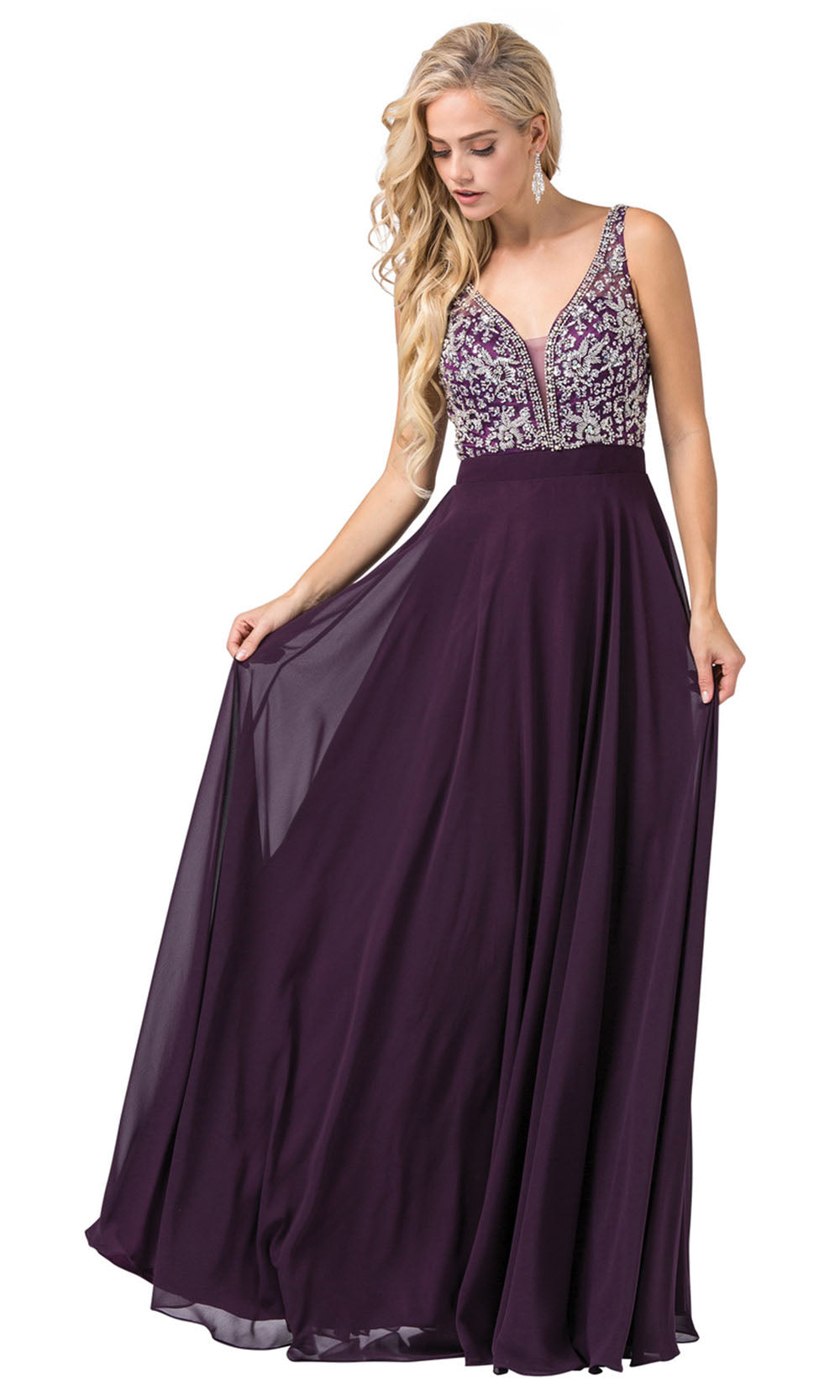 Dancing Queen - 2669 Sleeveless Sheer Deep V-Neck A-Line Chiffon Gown In Purple