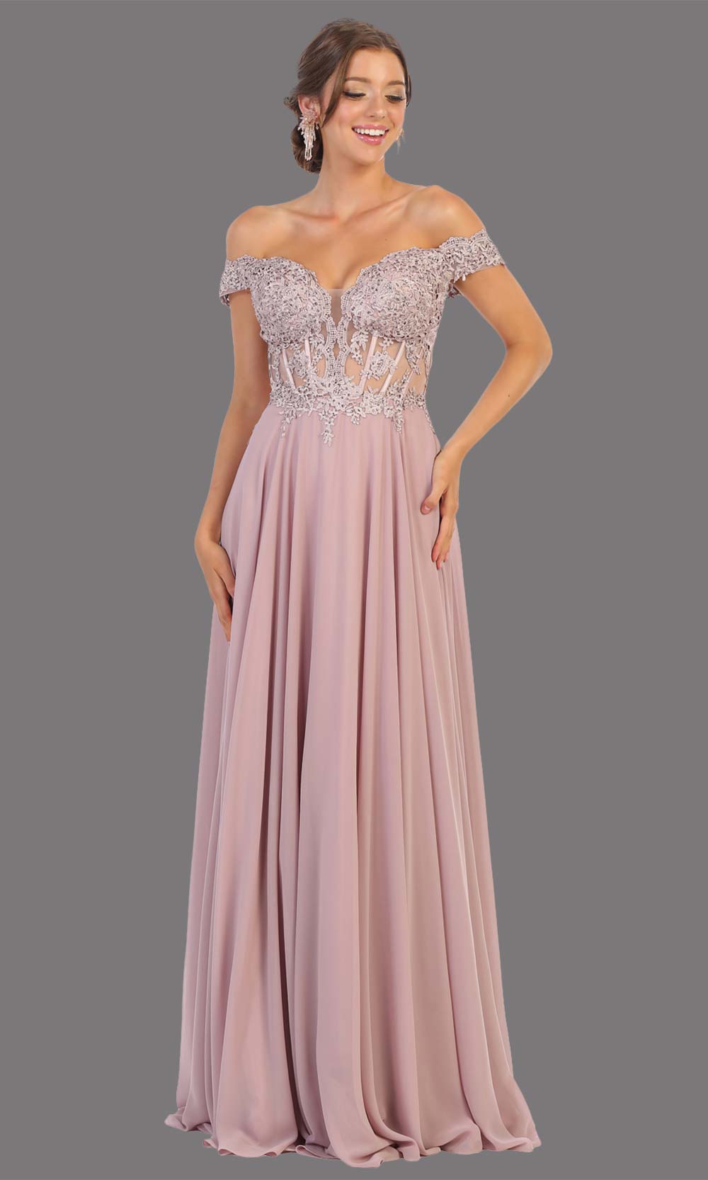 Mayqueen MQ1714 long mauve flowy dress features an off shoulder lace neckline top with a chiffon flowy skirt. Perfect for bridesmaid dresses, simple prom dress, formal wedding guest dress, indowestern party dress,black tie party. Plus sizes avail.jpg