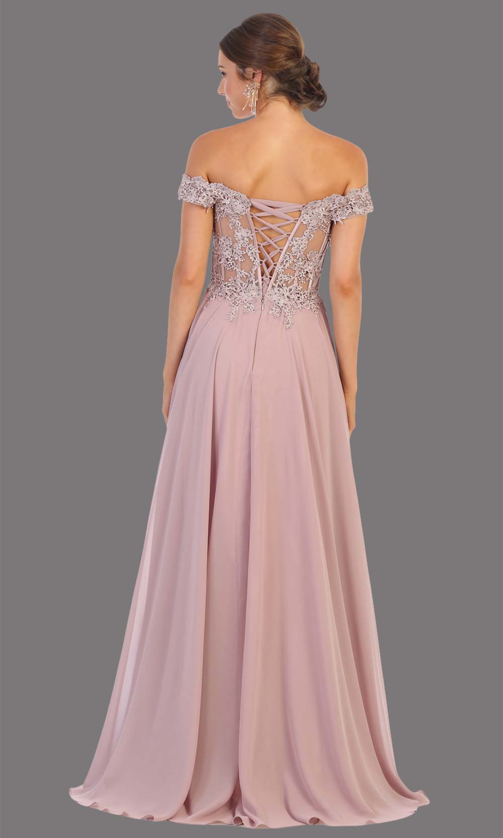 Mayqueen MQ1714 long mauve flowy dress features an off shoulder lace neckline top with a chiffon flowy skirt. Perfect for bridesmaid dresses, simple prom dress, formal wedding guest dress, indowestern party dress,black tie party. Plus sizes avail.jpg