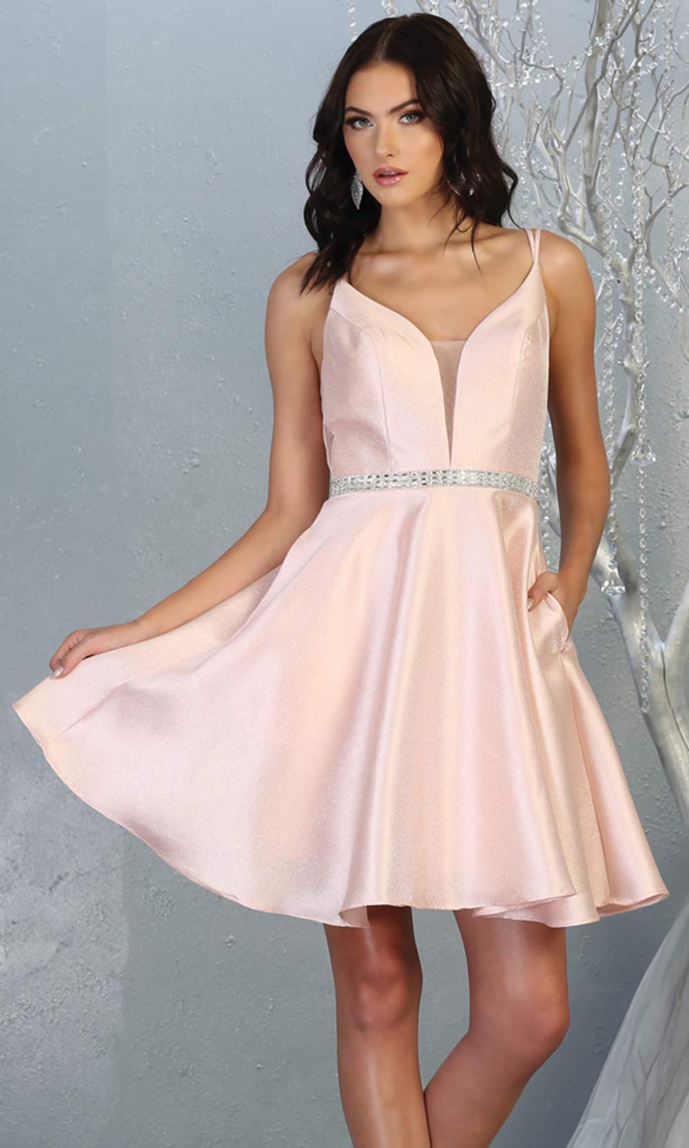 Mayqueen MQ1775 short blush pink satin flowy vneck simple grade 8 graduation dress w/ straps & low back. Light pink party dress is perfect for prom,graduation, grade 8 grad, confirmation dress, bat mitzvah dress, damas. Plus sizes avail for grad dress.jpg