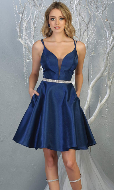 Mayqueen MQ1775 short navy blue satin flowy vneck simple grade 8 graduation dress w/ straps & low back. Dark blue party dress is perfect for prom, graduation, grade 8 grad, confirmation dress, bat mitzvah dress, damas. Plus sizes avail for grad dress.jpg