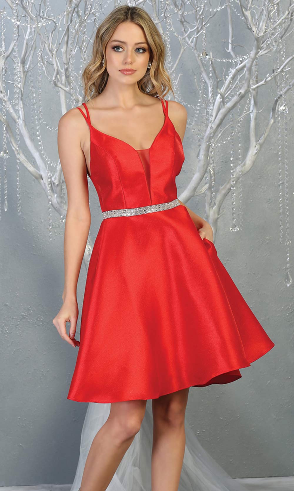 Mayqueen MQ1775 short red satin flowy v neck simple grade 8 graduation dress w/ straps & low back. Red party dress is perfect for prom, graduation, grade 8 grad, confirmation dress, bat mitzvah dress, damas. Plus sizes avail for grad dress.jpg