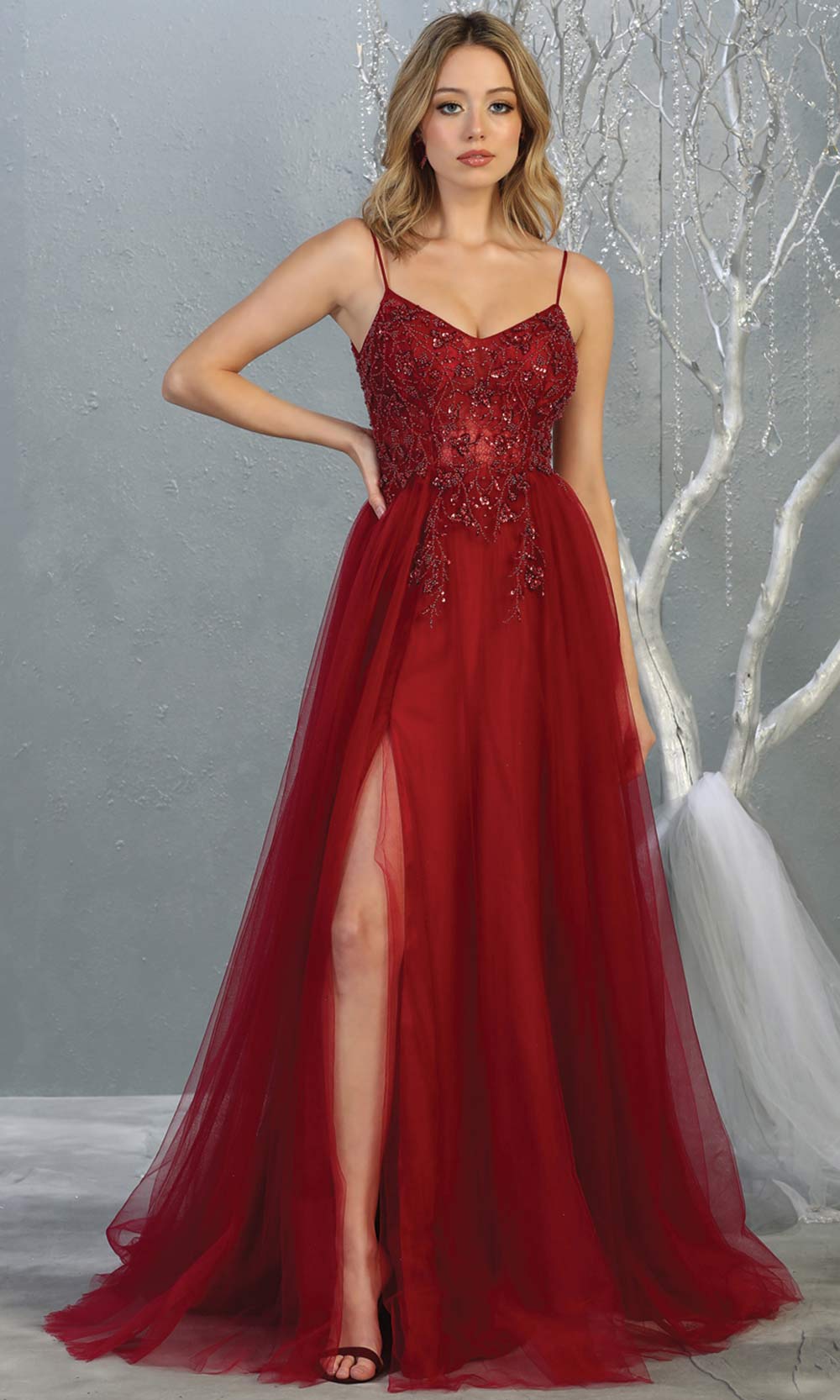 Mayqueen MQ1778 long burgundy red scoop neck flowy tulle skirt dress with high slit. Perfect for prom, engagement dress, e-shoot dress, formal wedding guest dress, debut, quinceanera, sweet 16, gala. Plus sizes avail in this dark red semi ballgown.jpg