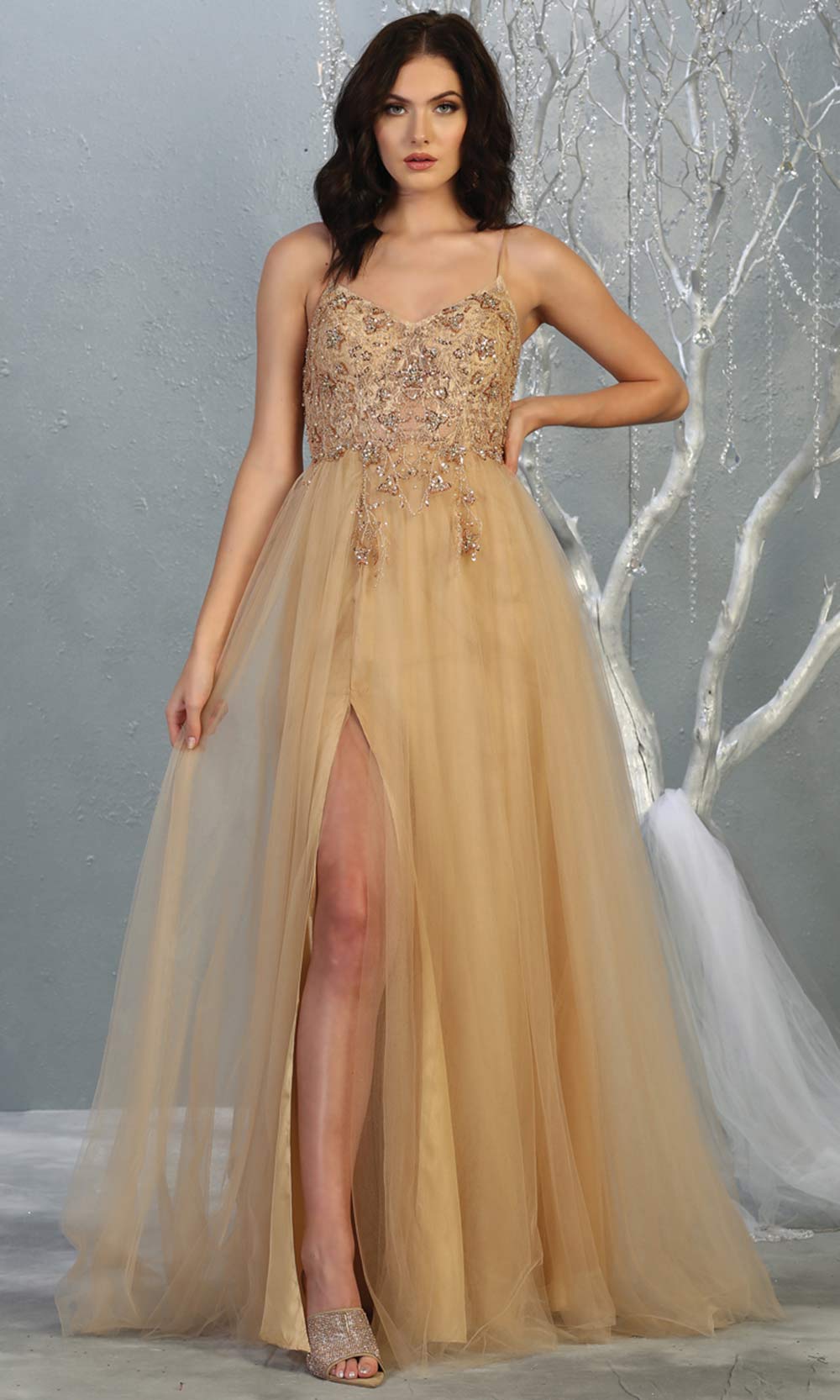 Mayqueen MQ1778 long champagne scoop neck flowy tulle skirt dress with high slit. Perfect for prom, engagement dress, e-shoot dress, formal wedding guest dress, debut, quinceanera, sweet 16, gala. Plus sizes avail in this light gold semi ballgown.jpg