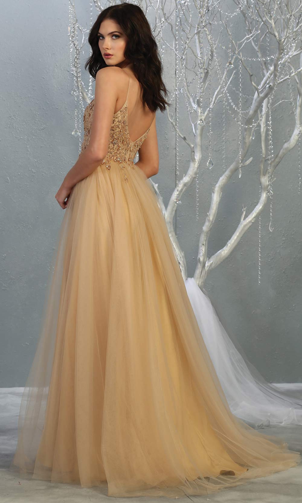 Mayqueen MQ1778 long champagne scoop neck flowy tulle skirt dress with high slit. Perfect for prom, engagement dress, e-shoot dress, formal wedding guest dress, debut, quinceanera, sweet 16, gala. Plus sizes avail in this light gold semi ballgown-b.jpg