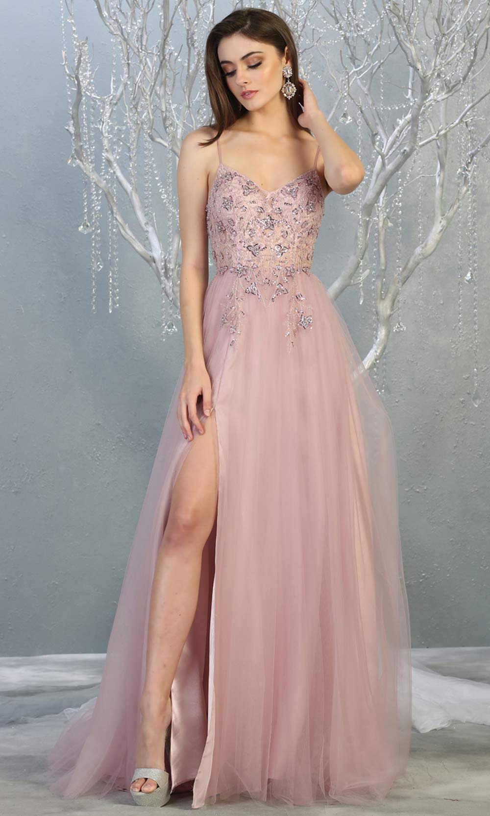 Mayqueen MQ1778 long mauve pink scoop neck flowy tulle skirt dress with high slit. Perfect for prom, engagement dress, e-shoot dress, formal wedding guest dress, debut, quinceanera, sweet 16, gala. Plus sizes avail in this dusty rose semi ballgown.jpg
