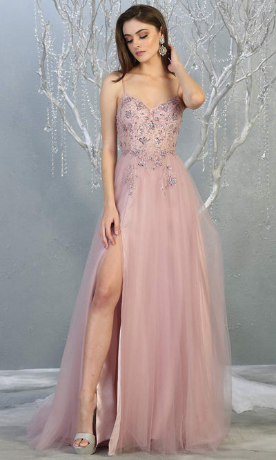 Mayqueen MQ1778 long mauve pink scoop neck flowy tulle skirt dress with high slit. Perfect for prom, engagement dress, e-shoot dress, formal wedding guest dress, debut, quinceanera, sweet 16, gala. Plus sizes avail in this dusty rose semi ballgown.jpg