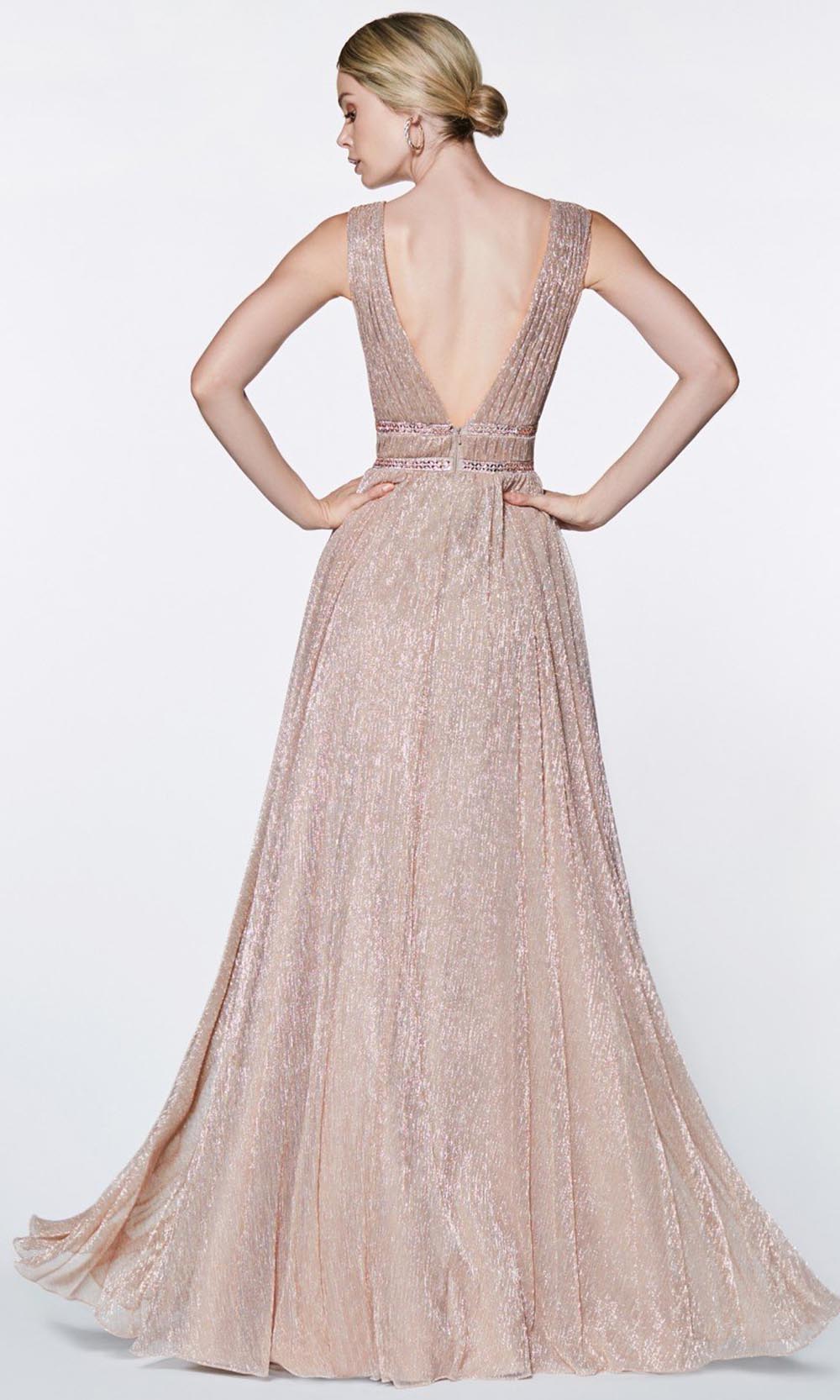 Cinderella Divine - CJ524 Metallic Deep V Neck A-Line Gown In Pink