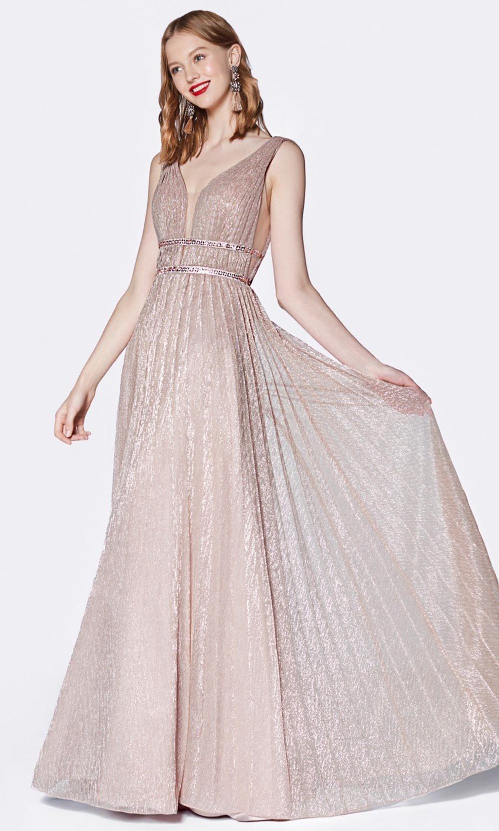 Cinderella Divine - CJ524 Metallic Deep V Neck A-Line Gown In Pink